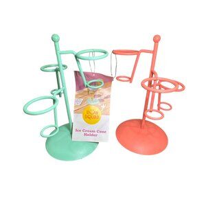 Sun Squad Ice Cream Cone Holder Stand Mint & Coral Metal Set Of 2